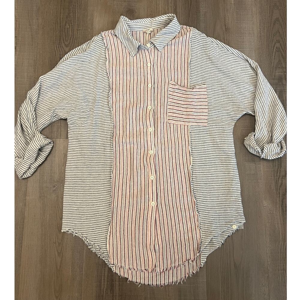 NWOT Hem & Thread Cotton Linen Blend Slouchy Striped Button Up Shirt